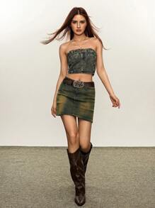 INAWLY Fashionable Washed Frayed Hem Cropped Denim Bustier Top - Dusty Blue - View 5