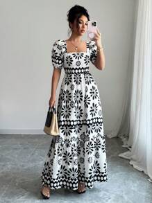 Rafferiza 女式夏季乡村花卉印花露肩连衣裙 - 黑與白 - 查看 1