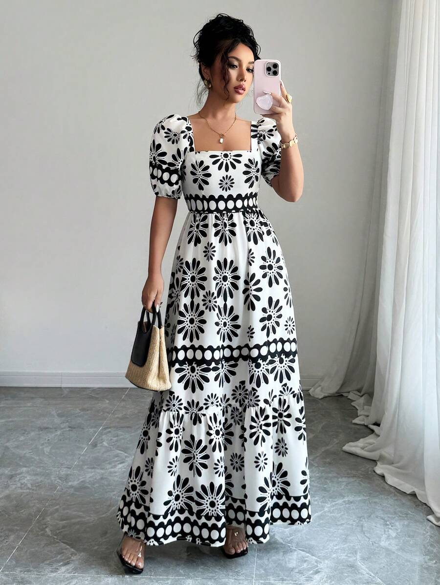 Rafferiza 女式夏季乡村花卉印花露肩连衣裙 - 黑與白 - 查看 1