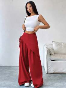 SHEIN Unity 女士休闲纯色长裤，适合夏季 - 酒紅色 - 查看 4