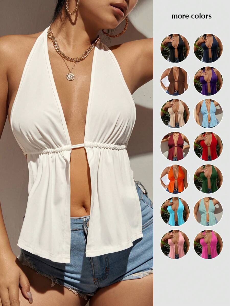 SHEIN SXY Summer Front Slit, Backless, Knotted Halterneck Beach Top