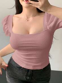 Dazy Plus Camiseta de manga abullonada de unicolor, de ajuste ceñido, con cuello cuadrado estriado, para primavera/verano