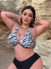 Swim SXY Plus Size Women's Sexy Halter Zebra Print Beach Bikini Top For Summer Beach Vacation
