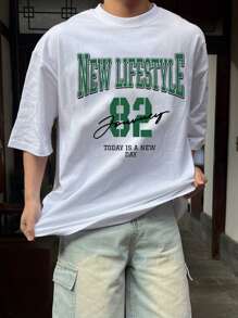 DAZY Camiseta blanca con estampado de letras verdes, telas gráficas para hombre, para el verano
