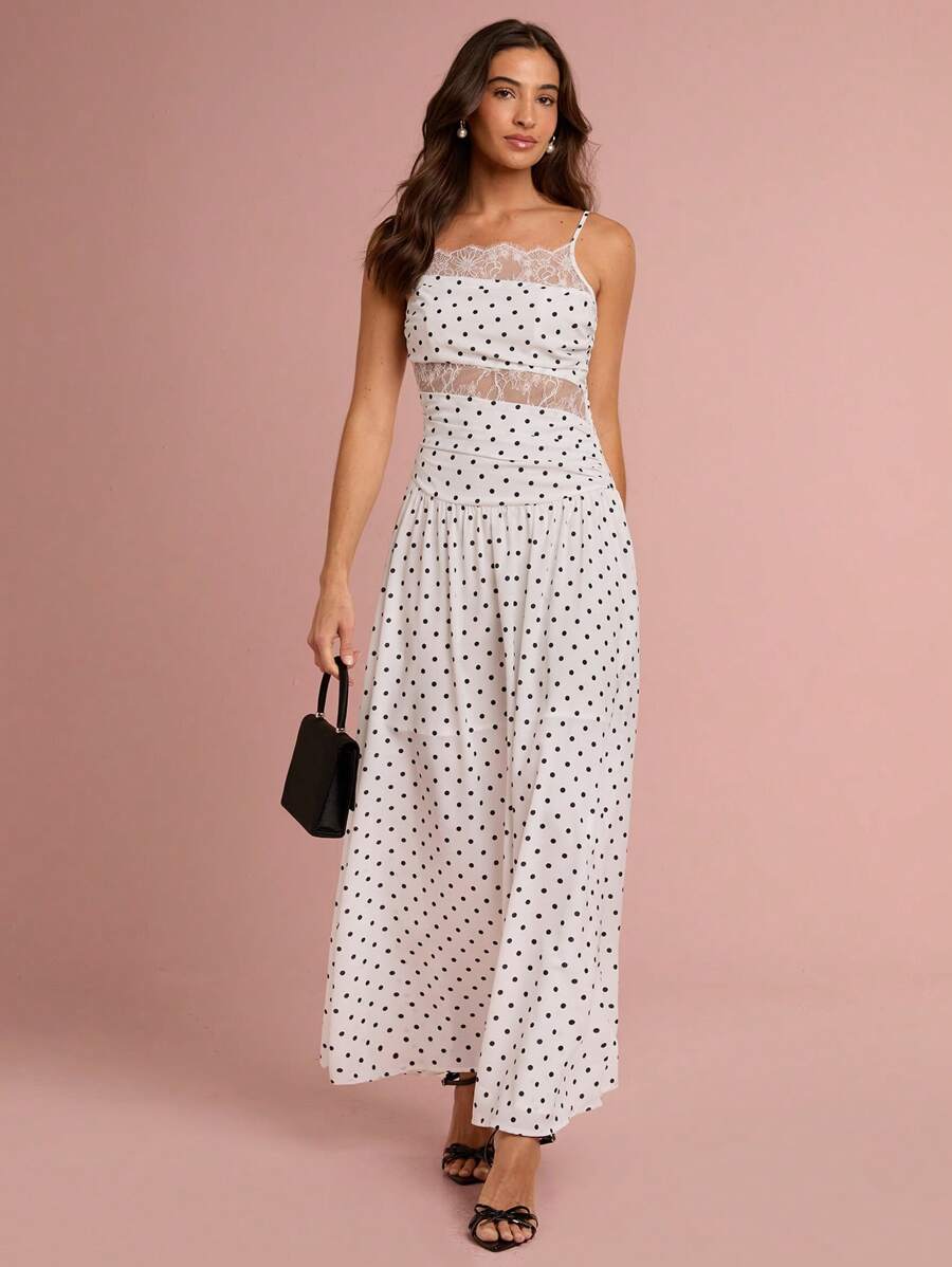 Enchnt Women's White With Black Polka Dots Summer Elegant Party Dress,Retro Lace Patchwork Hollow Spaghetti Straps Maxi Sun Dresses For Vacation&Wedding - White - View 1