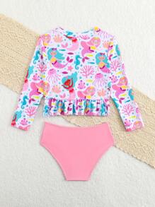 Young Girl Jellyfish Print Long Sleeve Ruffled Hem Tankini Swimsuit Set Long Sleeve Girls Swimsuit Swim Suit For Girls Long Sleeve Girls Long Sleeve Swim Suits Long Sleeve Bathing Suit Kids Long Sleeve Bathing Suit Girls - Pink - View 2