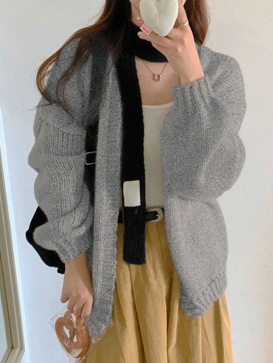DAZY Áo khoác cardigan hở phía trước dáng rộng màu trơn thường ngày cho nữ, phù hợp cho mùa thu đông, quần áo mùa thu cho nữ - Màu xanh lam - Xem 1