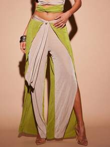 Hauture Color Block Tie Front Wide Leg Pants,Bohemian Clothes - Multicolor - View 3