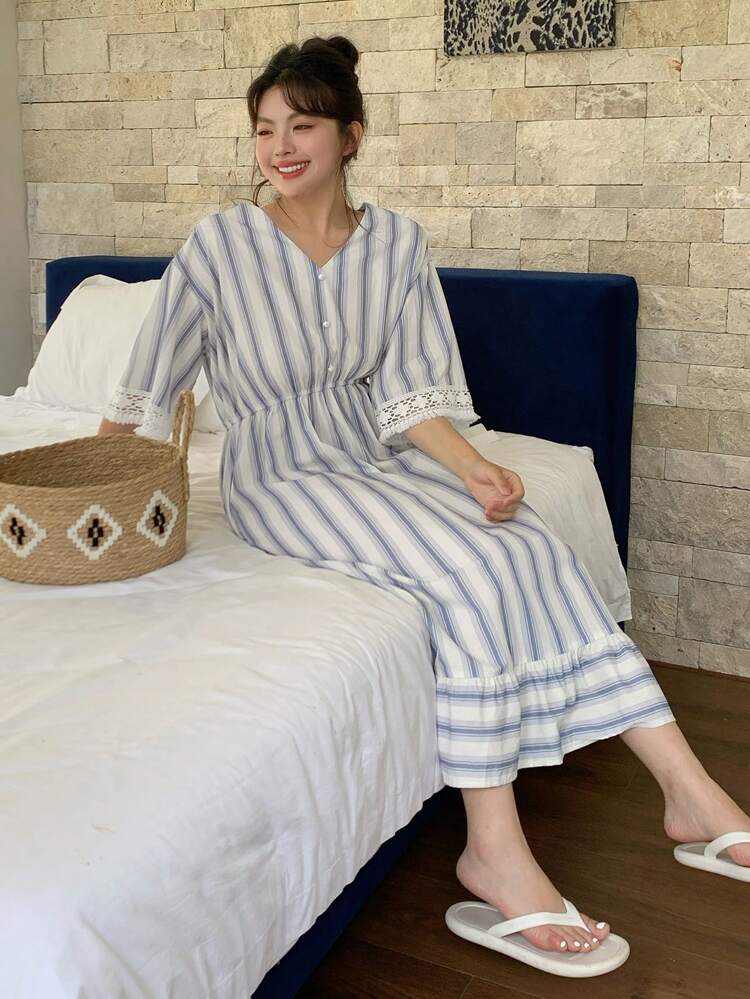 Dazy Plus Plus Size V-Neck Striped Flare Sleeve Long Nightgown Pajama