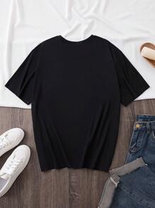 Plus Size Women Slogan Print Round Neck Short Sleeve Casual Oversized T-Shirt, Summer