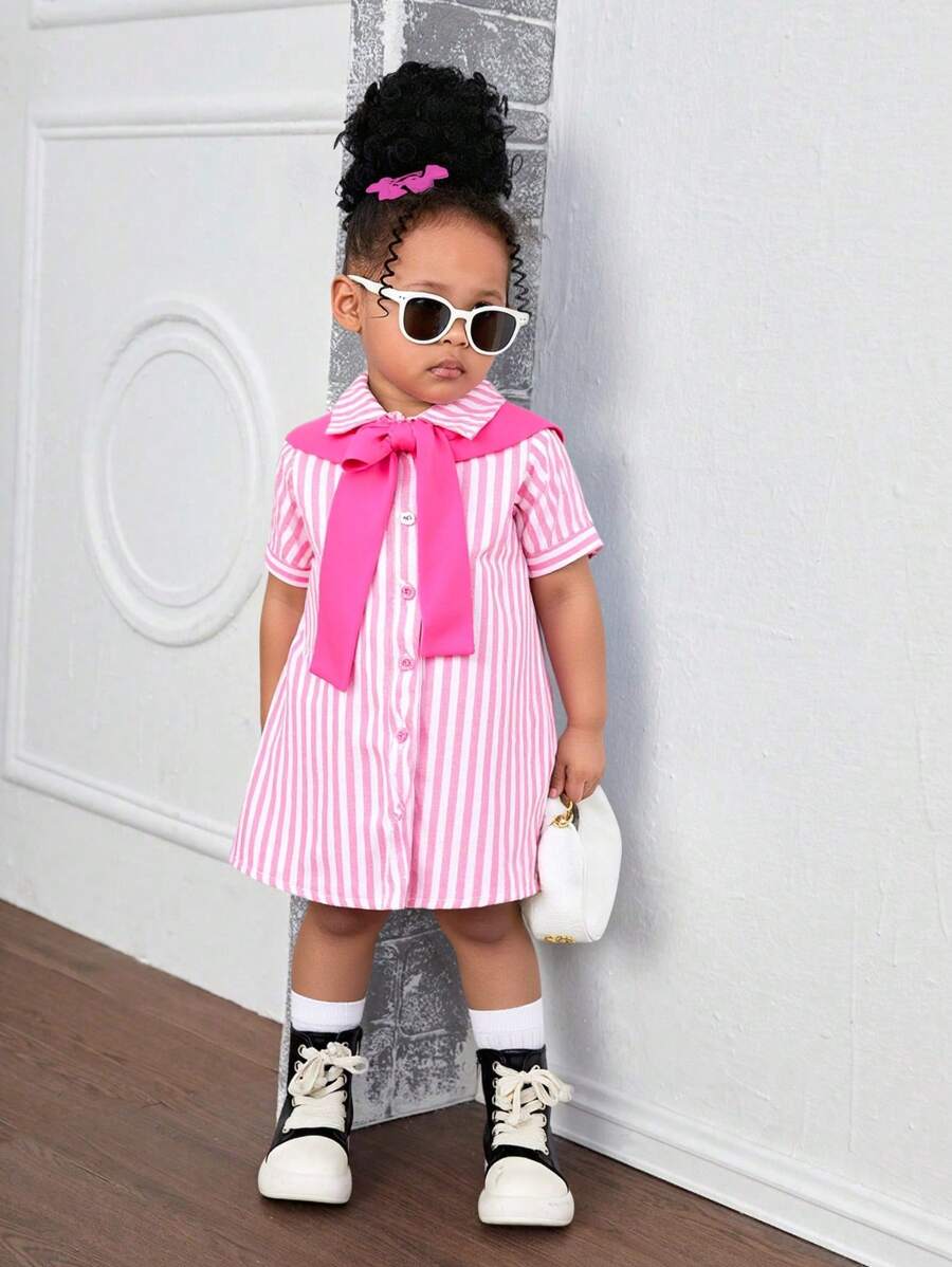 2pcs/Set Baby Girl Cozy Casual Versatile Cute Pink & White Striped Short Sleeve Shirt Dress With Shawl Outfit, Suitable For Indoor, Outdoor, Daily, Sports, Play, Party, Photography, Holiday, Festivals, Spring/Summer