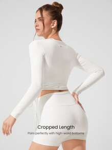 GLOWMODE Top court à manches longues FeFeatherFit™ avec col V et ceinture à la taille, adapté au yoga à faible impact et à l'usage quotidien en été