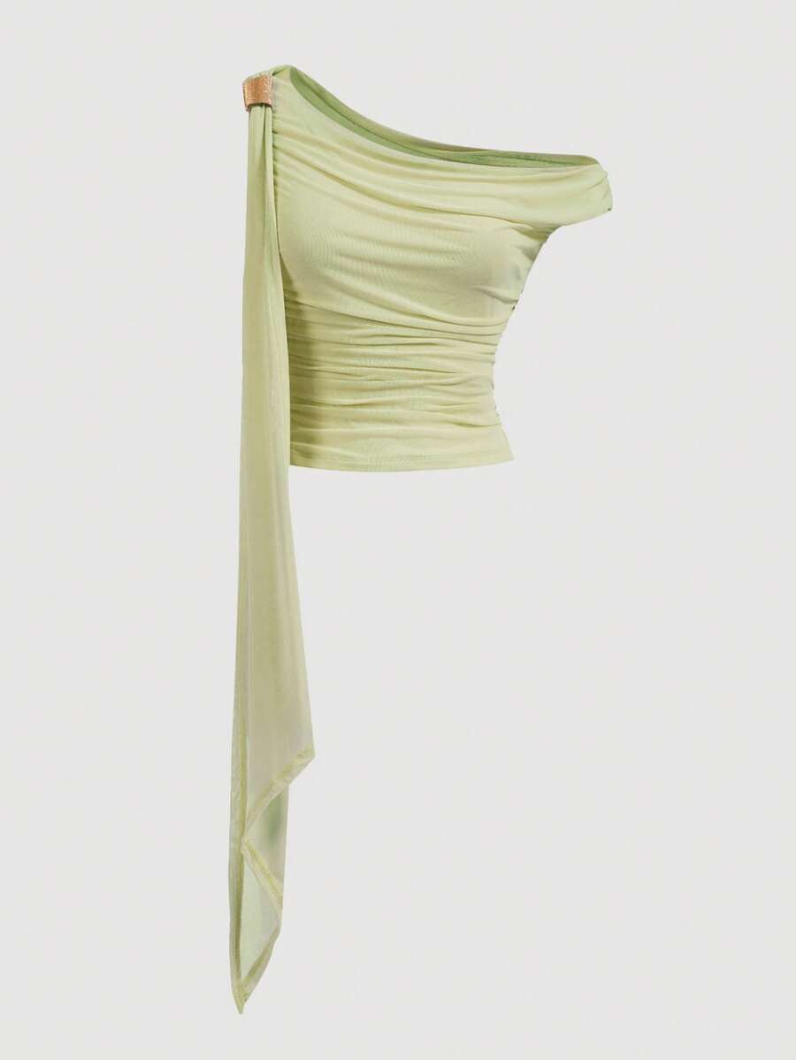 SHEIN MOD Asymmetric Retro Metal Decor Ruffle 70s Top, Western Style, Bohemian Off The Shoulder Top