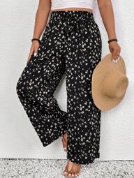 SHEIN Frenchy Pantalones de talla grande para mujer con cintura ajustable con cordón y estampado