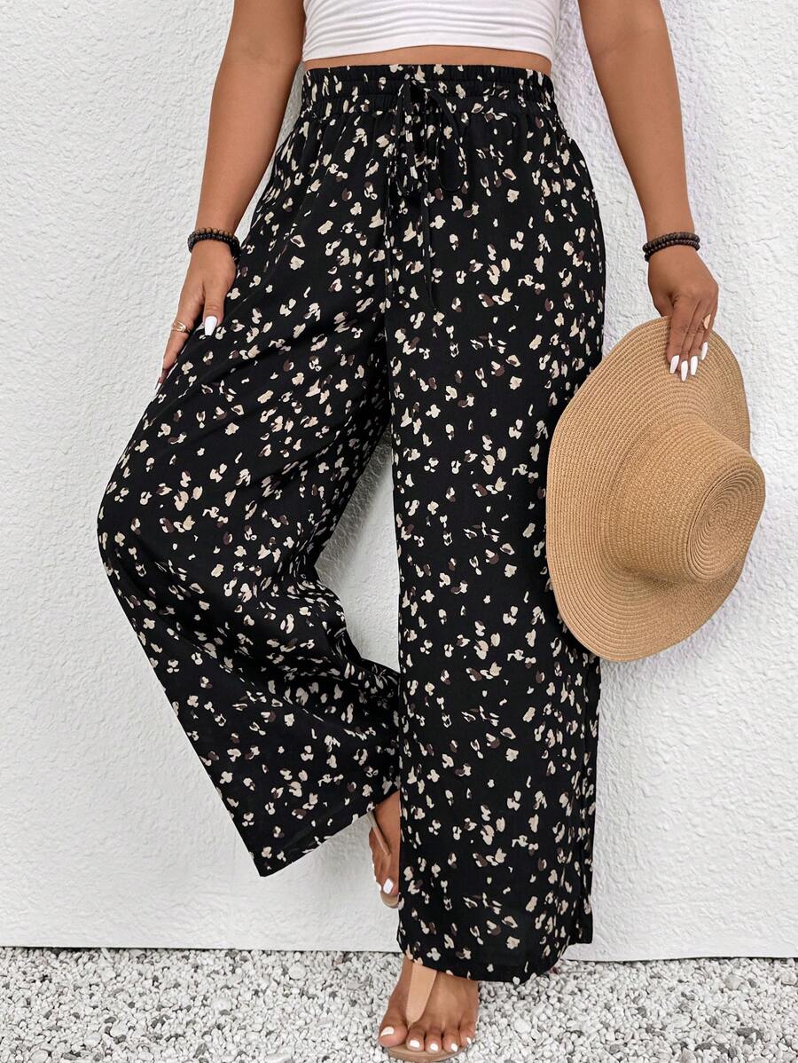SHEIN Frenchy Plus Size Women's Printed Drawstring Waist Pants,Summer Pants - Multicolor - View 1