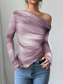 Firerie Women Tie Dye Print Asymmetrical Neck Long Sleeve Fitted T-Shirt - Dusty Pink - View 4