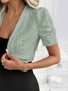 SHEIN Clasi Women's Elegant Lace Short Sleeve Button Front Cropped Jacket Office Outfits For Women