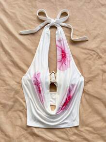 Soleia 女士浪漫粉色花卉印花垂坠领口系带蝴蝶结镂空后背吊带背心，修身剪裁，适合派对、约会、下午茶、性感、海滩、夏季 - 彩色 - 查看 6