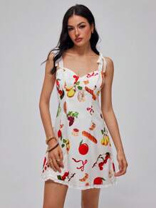 Roylia Đầm mini họa tiết trái cây thêu hoa viền - Màu be - Xem 1