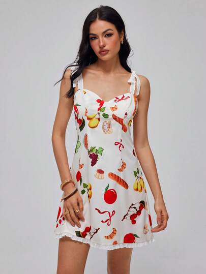 Roylia Đầm mini họa tiết trái cây thêu hoa viền