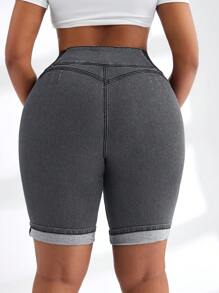 SHEIN SXY Plus Size Denim Elastic Waist Shorts, Fashion Autumn - Dark Grey - View 2