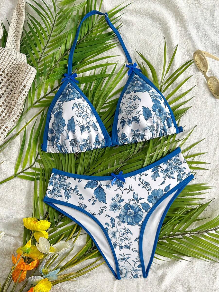 SHEIN Teen Girls' Floral Print Halter Neck Stitch Bathing Suit Sets / Bikini Sets, Blue & White Beach Vacation, Summer Beachwear