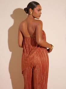 Hauture Parte superior de tubo de satén con pliegues de color óxido y dobladillo asimétrico, talla grande pantalones largos para mujer - Color caoba - Ver 5