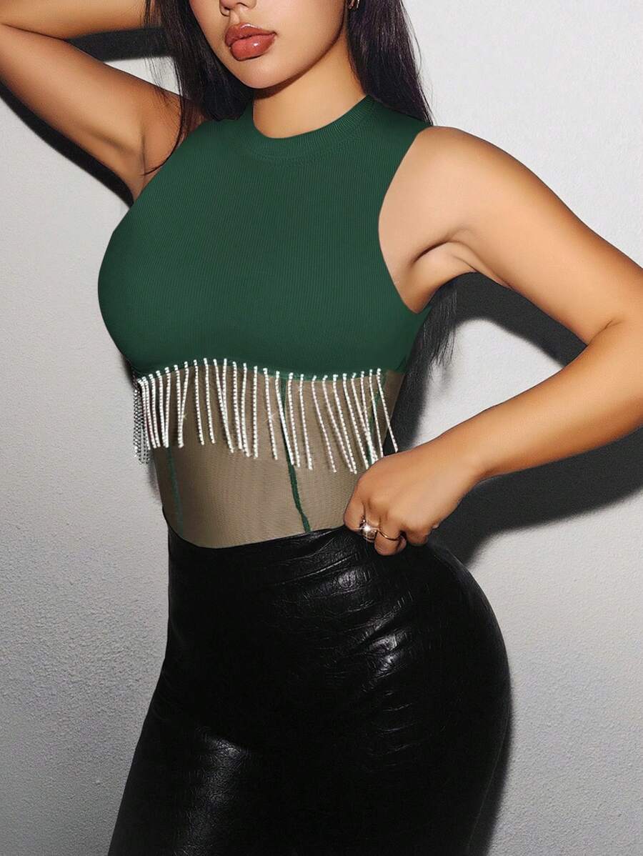 Zolique 水钻装饰流苏圆领无袖拼接紧身衣