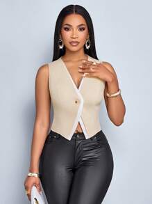 SOLERSUN Women's Commuting Apricot White Contrast Two Tone Button Front Vest Blazer - Apricot - View 5
