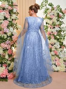 Glamrae 大码优雅浪漫甜心领口手工串珠网眼泡泡袖A字刺绣网眼晚礼服