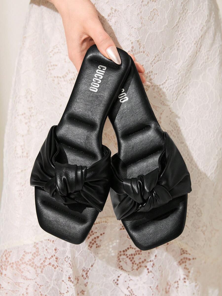 CUCCOO CHICEST Women's Summer New Knotted Design Square Toe Flat Elegant Casual Basic Comfortable Black Faux Leather Ladies Flat Sandals, Flip Flops, Beach Shoes, Versatile Resort Style For Hawaii Beach
