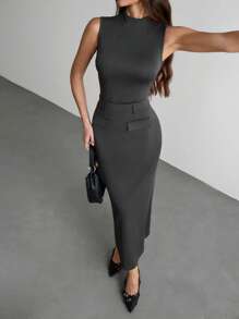 SHEIN Tall Sleeveless Solid Color Crop Top And Bodycon Skirt 2-Piece Set Office Outfits For Women Business Women Attire - Grey - View 1