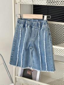 SHEIN LMoss Kids 女宝宝水洗浅蓝色阔腿牛仔裤，春夏休闲度假风 - 淺色水洗藍 - 查看 2