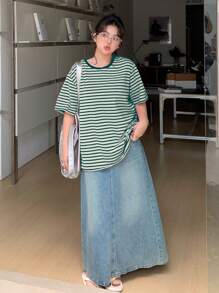 Dazy Plus Colorblock Stripe Print Round Neck Loose Short Sleeve Pink T-Shirt, Spring/Summer - Green - View 5