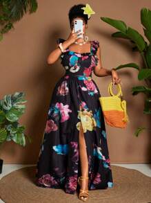 Maweii Plus Size Women Elegant Fashionable Colorblock Printed Fabric Waist Cinched A-Line Hem High Slit Stylish Ruffle Collar 2-Piece Set - Black - View 3