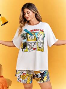 Astro Boy X SHEIN Conjunto de pijama de talla grande cómodo y casual de verano con top blanco y shorts holgados con estampado de dibujos animados