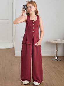 SHEIN Leap Crew Nova Glow Tween Girl Fashion Street Style Solid Color Crew Neck Sleeveless Top And Straight Leg Pants Set - Rose Red - View 1