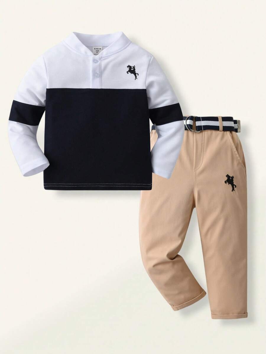 SHEIN 2 件儿童男童休闲时尚拼布刺绣马装饰长袖上衣和裤子(配腰带),适合外出、旅行、派对、度假、时尚装扮 - 彩色 - 查看 1