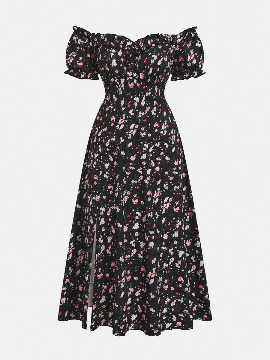 Sweetra Plus Size Fransk Retro Snygg Blommig Klänning med En Axelringning - Svart - Visa 1