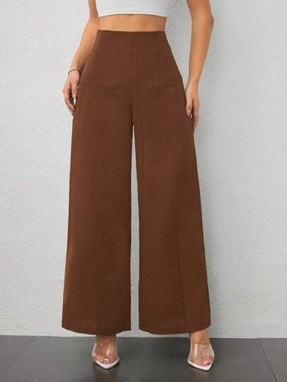 SHEIN PETITE Pantalones anchos de cintura alta con textura, pantalones de otoño para mujer, moda casual simple, temporada de regreso a la escuela, estilo de dinero antiguo para ir al trabajo