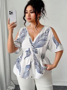 Elenzga Plus Size Women's V-Neck Short Sleeve Crossover Tie Waist Tropical Leaf Print Navy Blue Boho Summer Vacation Holiday Casual Blouse,Flowy Hem Tops - White - View 5