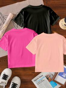 SHEIN 3 Pieces Set Baby Girls Casual Chic Comfy Minimal Cute Heart, Flower, Cat Pattern Short Sleeve T-Shirts, Spring & Summer - Multicolor - View 2