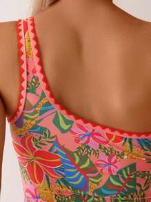 Swim Lushoire Women Random Floral Print One Shoulder Ruffled One-Piece Swimsuit, Summer New Arrival - Multicolor - View 5