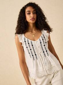 Poéselle Damen Blumen Stickerei Tank Top für den Sommer