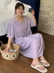 Dazy Plus Plus Size Solid Color Loose Fit Round Neck Short Sleeve Long Purple Nightgown, Pajama - Purple - View 4