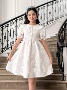 SHEIN Tween Girls Cute & Elegant Jacquard Organza Lace Peter Pan Collar Puff Sleeve Mini Dress - White - View 2