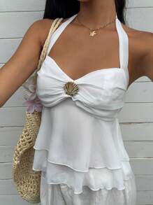 SHEIN EZwear Women's Shell Decor Pleated Elegant Halter Neck Camisole - White - View 6