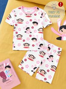 Paul Frank X SHEIN Young Girl Cartoon Cute Floral & Monkey Print Stretchy Summer Top & Shorts Pajama Set - Baby Pink - View 1
