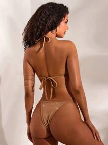 Opulessa Women Halterneck Bikini Set,Cute Coffee Brown Sparkly Summer Beach Outfits For Woman,Holiday Rave Outfits Festival,Country Concert Vacation Outfits - Khaki - View 3