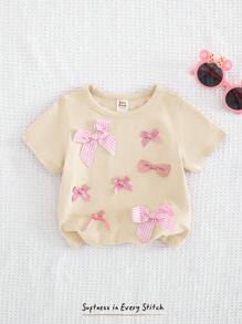 Cozy Pixies Baby Girl Textured Bow Knit Soft Round Neck Short Sleeve Pullover Top - Apricot - View 6